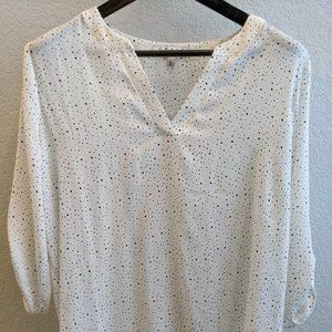 Sheer Print Split Neck Blouse with Tab Sleeves